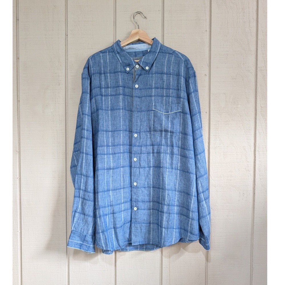 32 Bar Blues Mens XXL Blue Plaid 100% Linen Long Sleeve Button Down Shirt